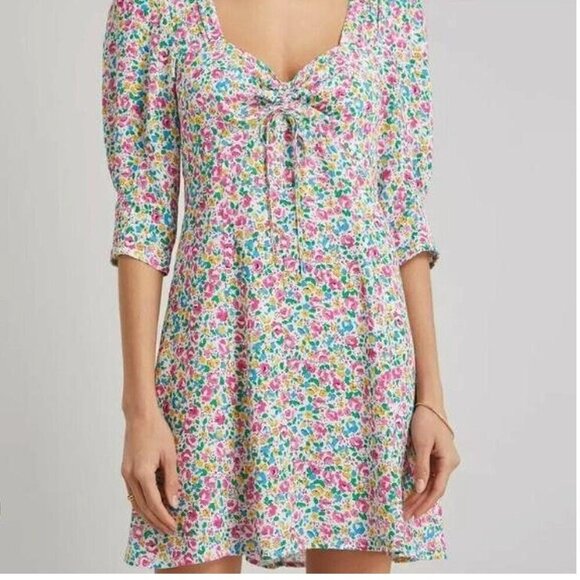 RIXO Dresses & Skirts - Rixo Larissa Bow Detailed Floral Print Crepe Mini Dress In Pink Size 6